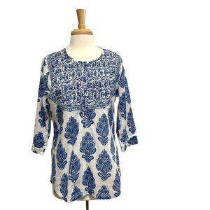 Anokhi Block Printed Indigo 3/4 Sleeve Blouse Top Blue White size Large